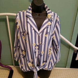 white and blue stripe blouse with flowers